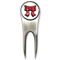 Golf divot tool with red and black emblem on a white background