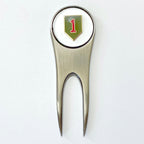 A silver golf divot tool with a magnetic ball marker featuring the 1st Infantry Division insignia.