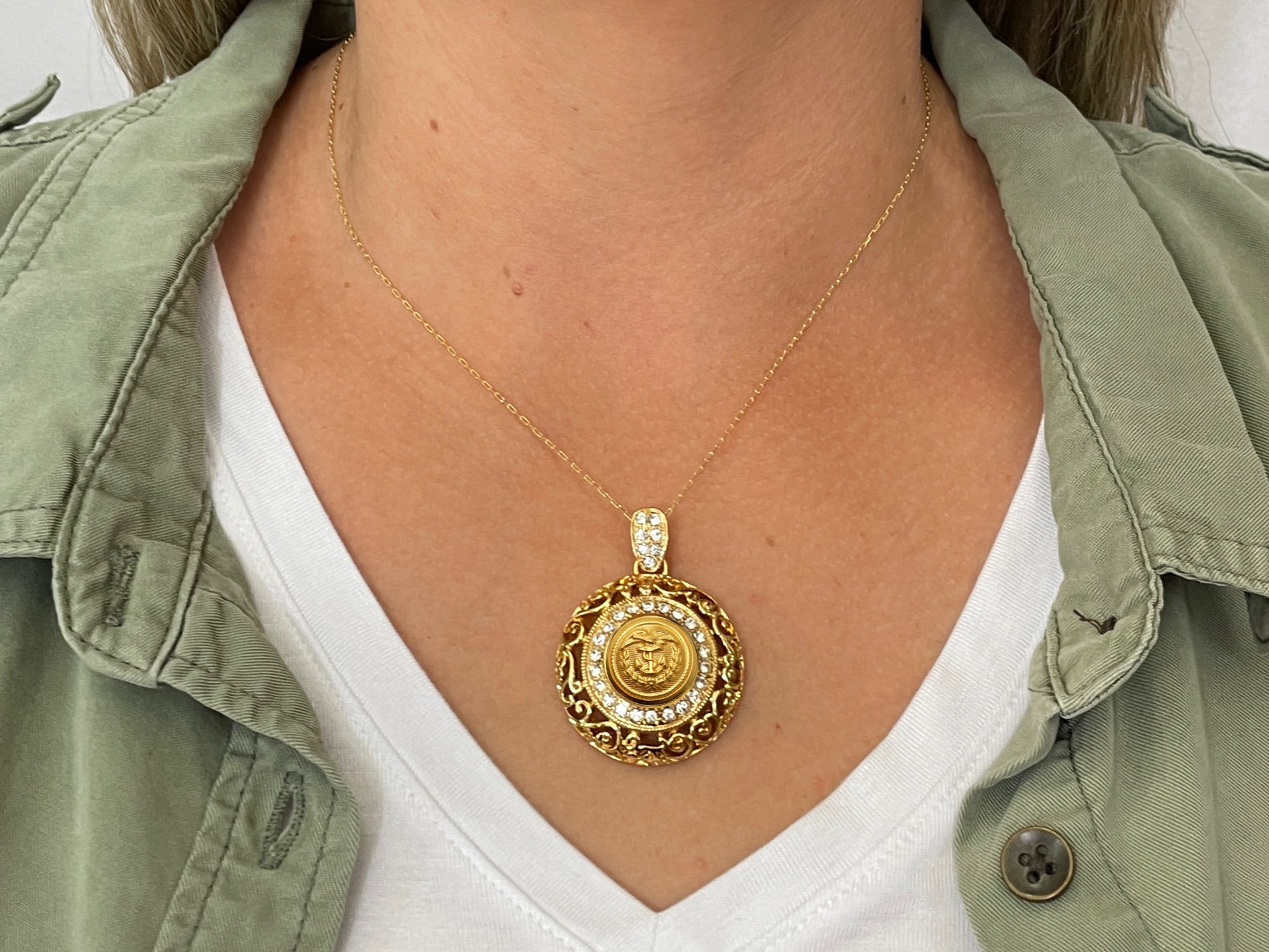 Coast Guard Button Necklace - Large Gold Rhinestone Pendant