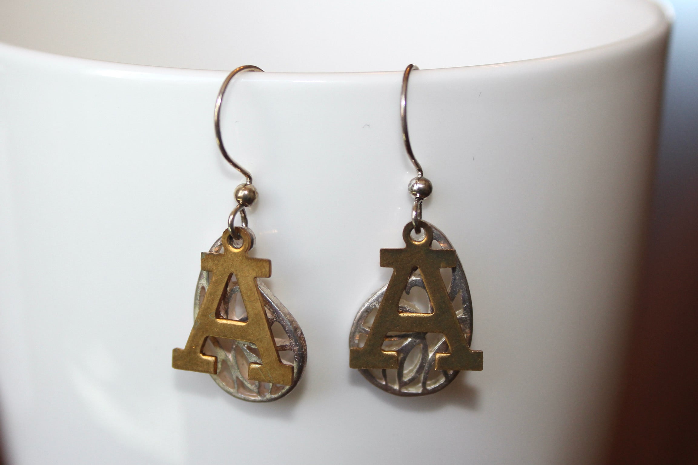 Large Army "A" with Leaf French Wire Earrings