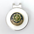 A gold-colored golf hat clip with a magnetic ball marker featuring the 2nd Cavalry Regiment insignia.