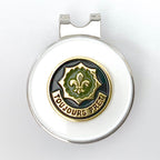 A gold-colored golf hat clip with a magnetic ball marker featuring the 2nd Cavalry Regiment insignia.