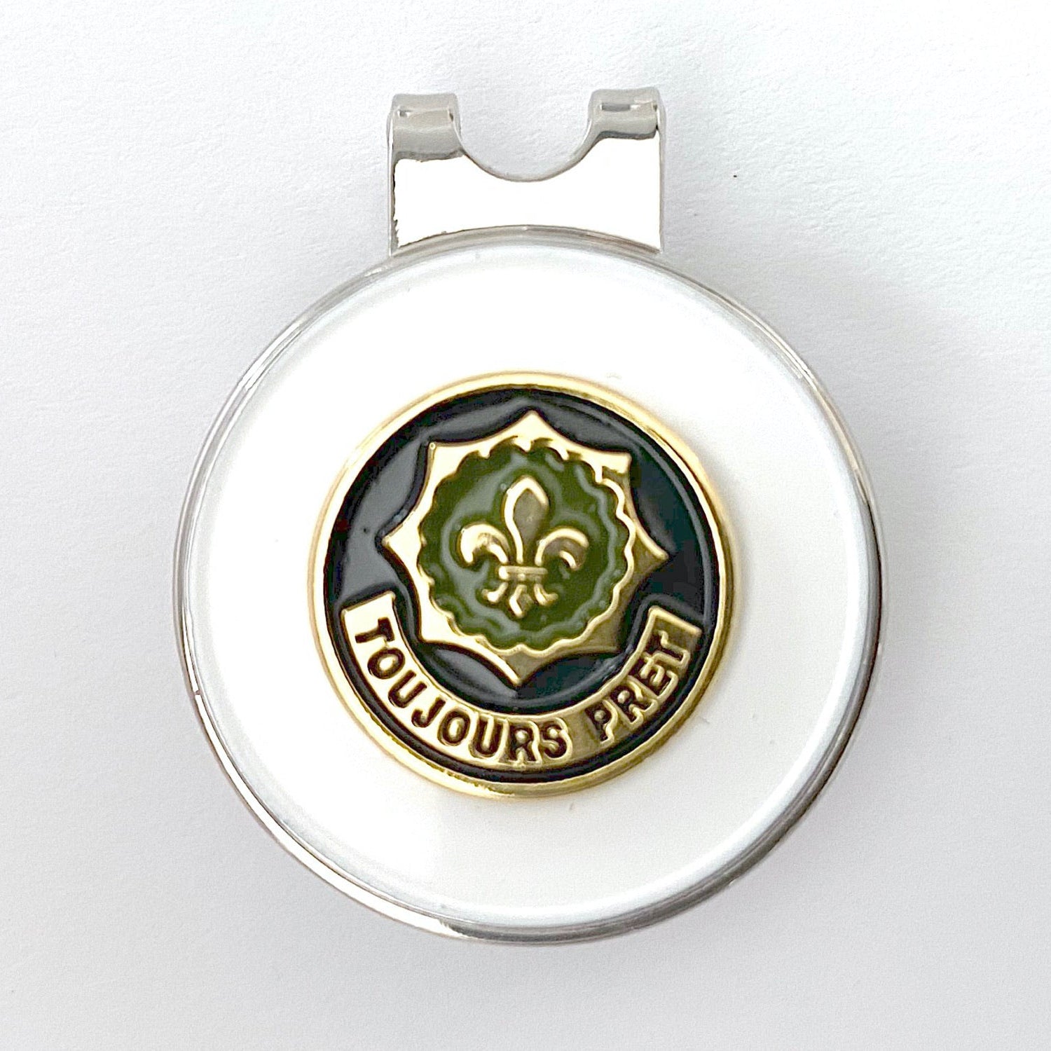 A gold-colored golf hat clip with a magnetic ball marker featuring the 2nd Cavalry Regiment insignia.