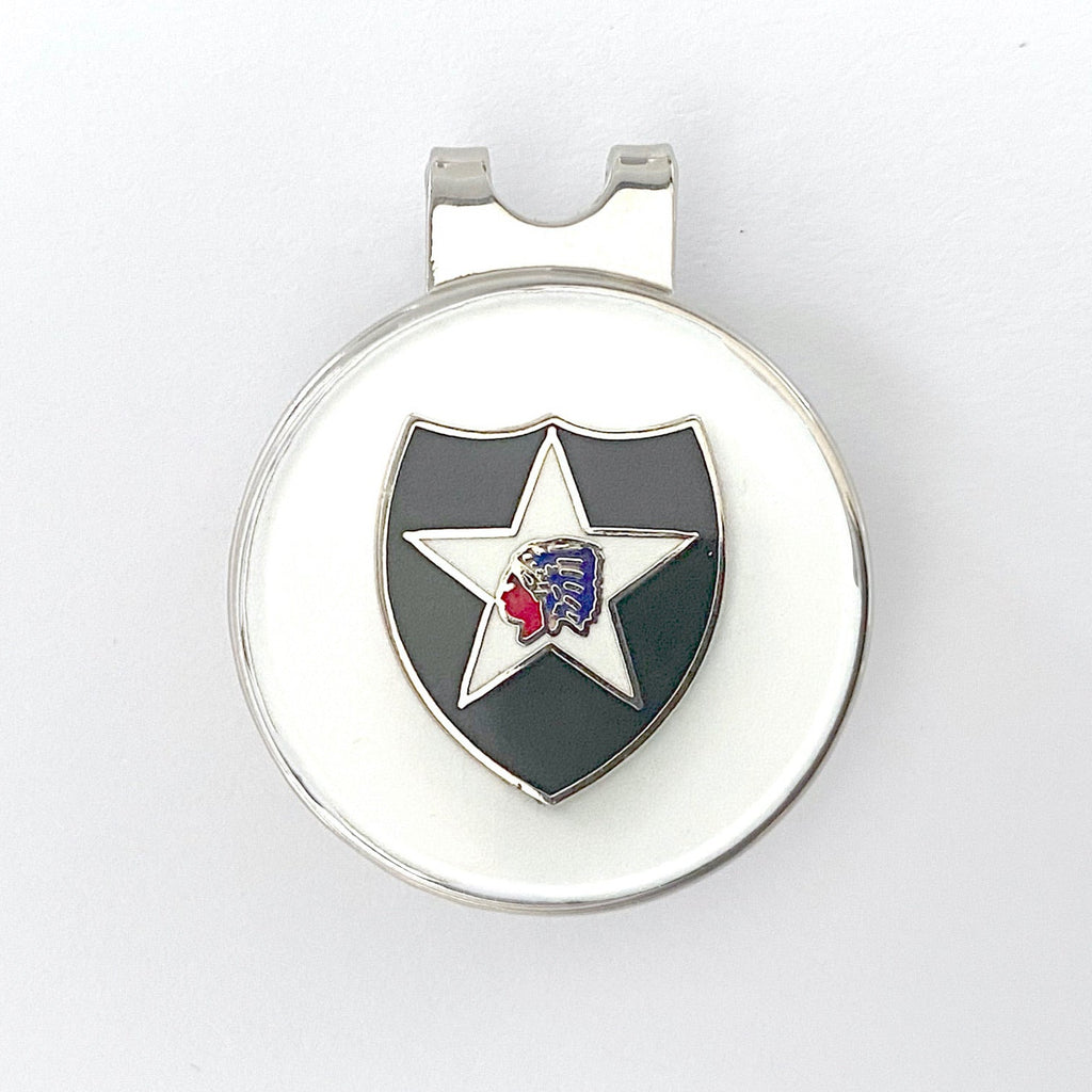 A silver golf hat clip featuring the 2nd Infantry Division insignia with a black shield, a white star, and an Indian's head with war bonnet in profile.