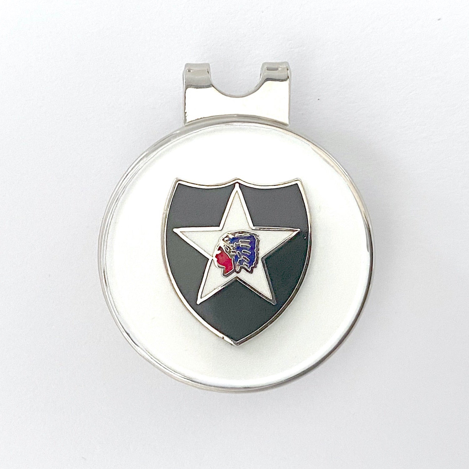 A silver golf hat clip featuring the 2nd Infantry Division insignia with a black shield, a white star, and an Indian's head with war bonnet in profile.