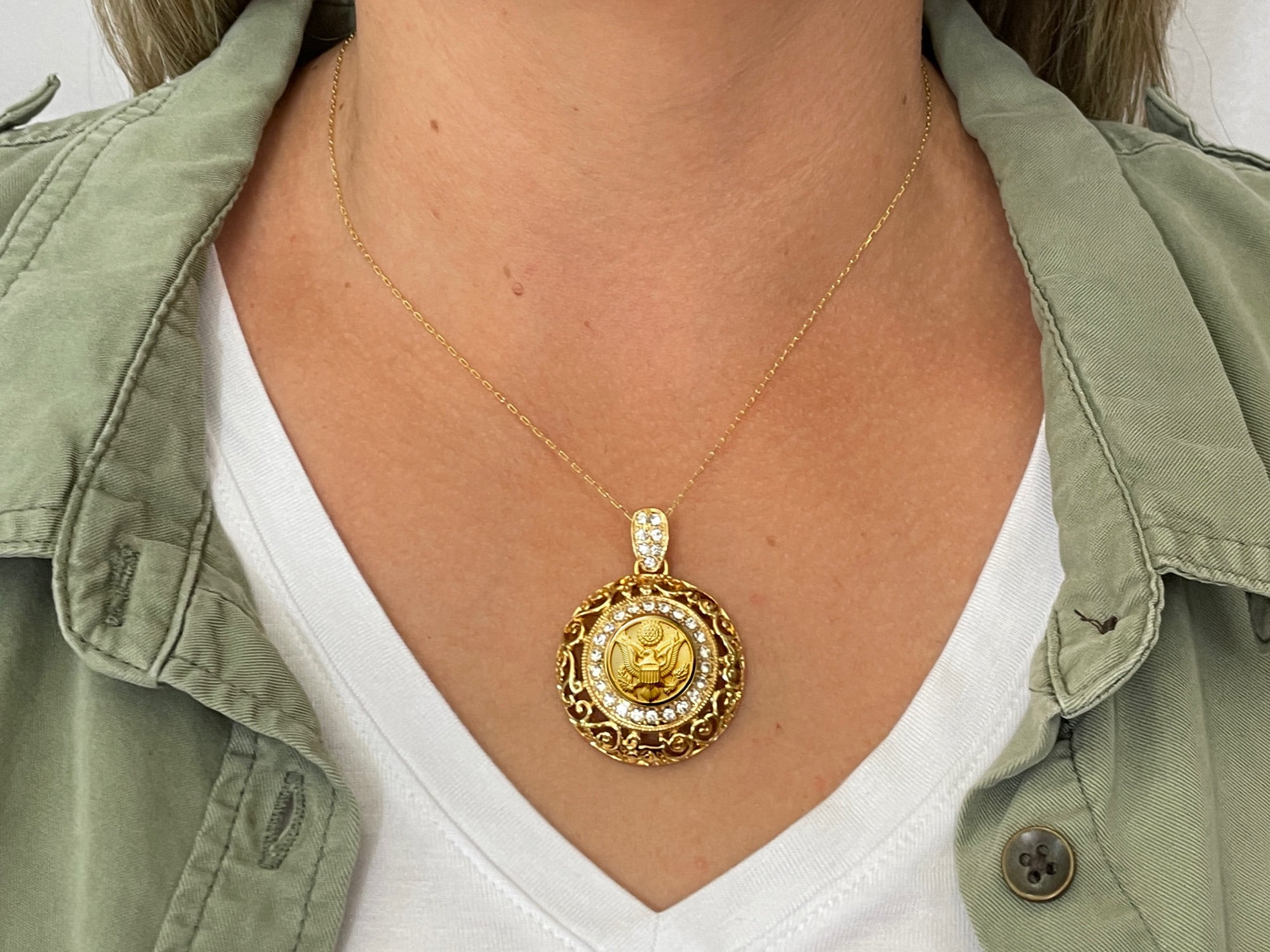 Army Button Necklace - Large Gold Rhinestone Pendant