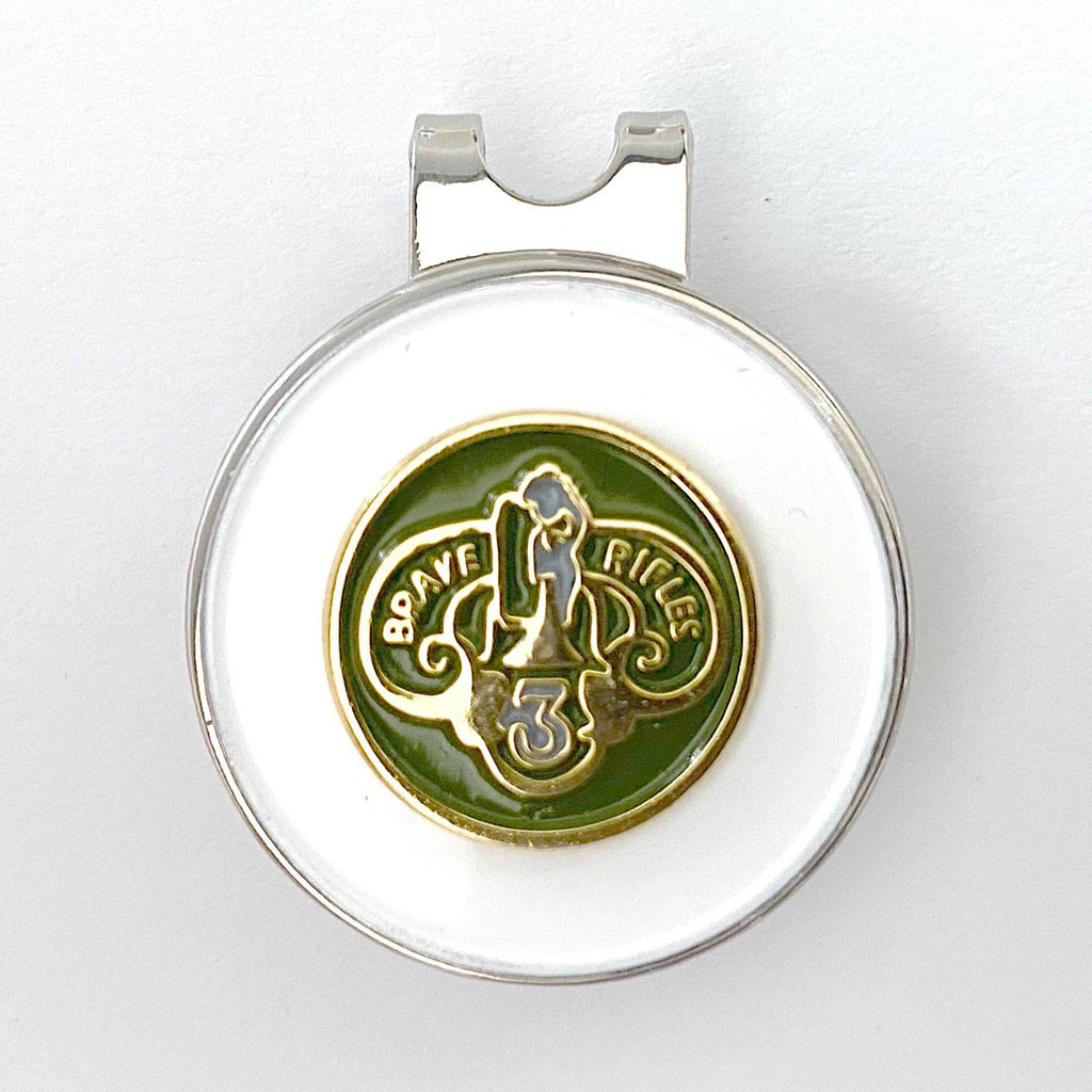 A golf hat clip and ball marker with a 3rd Cavalry Regiment centerpiece on a white background.