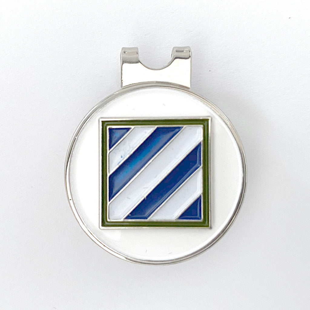 A round golf hat clip with a magnetic ball marker featuring a 3rd Infantry Division centerpiece. The centerpiece is white with blue and green stripes, and the clip is silver-colored.
