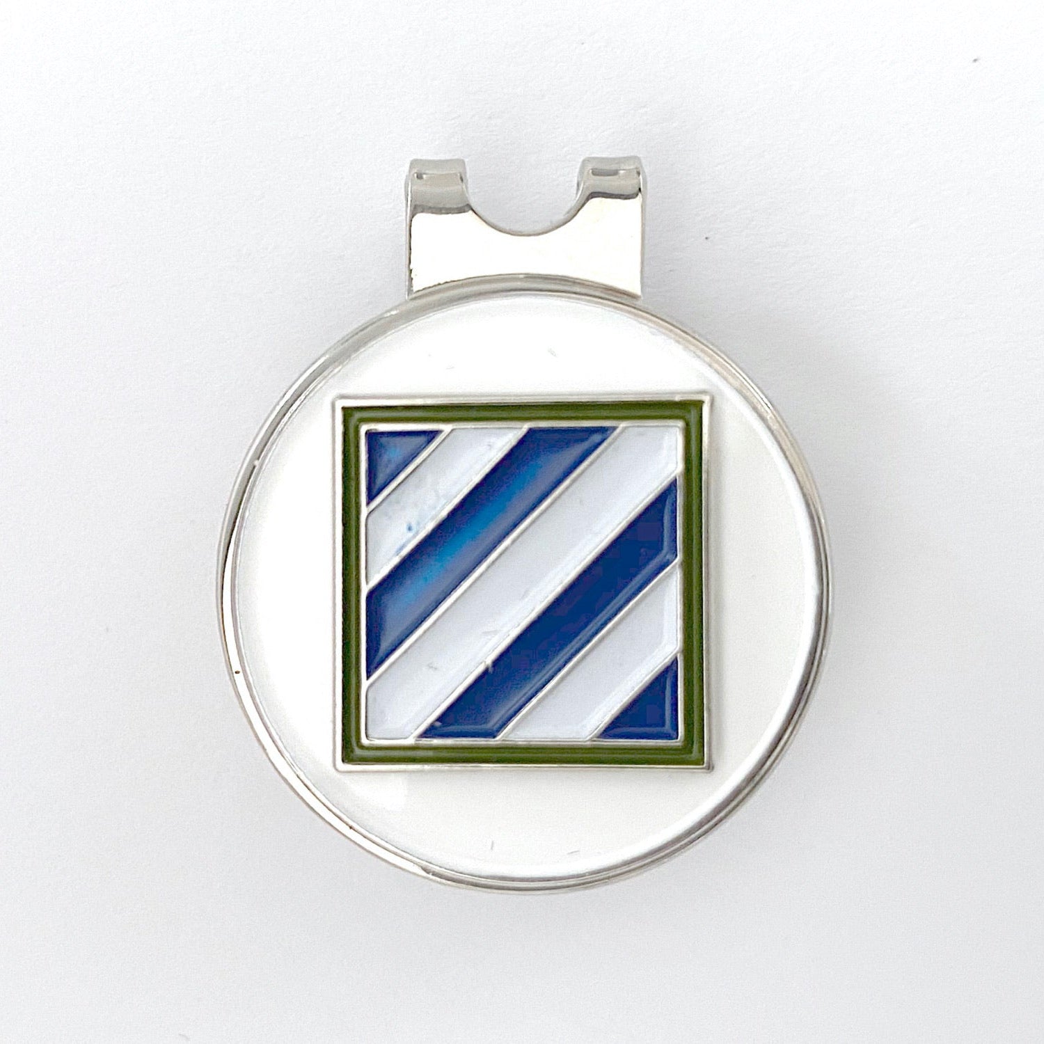 A round golf hat clip with a magnetic ball marker featuring a 3rd Infantry Division centerpiece. The centerpiece is white with blue and green stripes, and the clip is silver-colored.