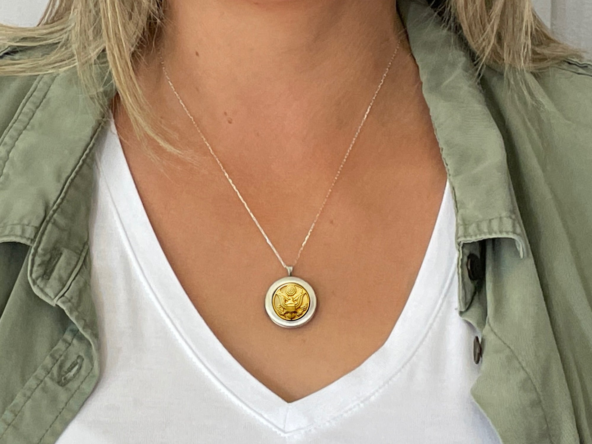 Army Button Silver Locket Necklace