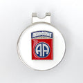 A round red, white, and blue golf hat clip with an 82nd Airborne Division centerpiece design.