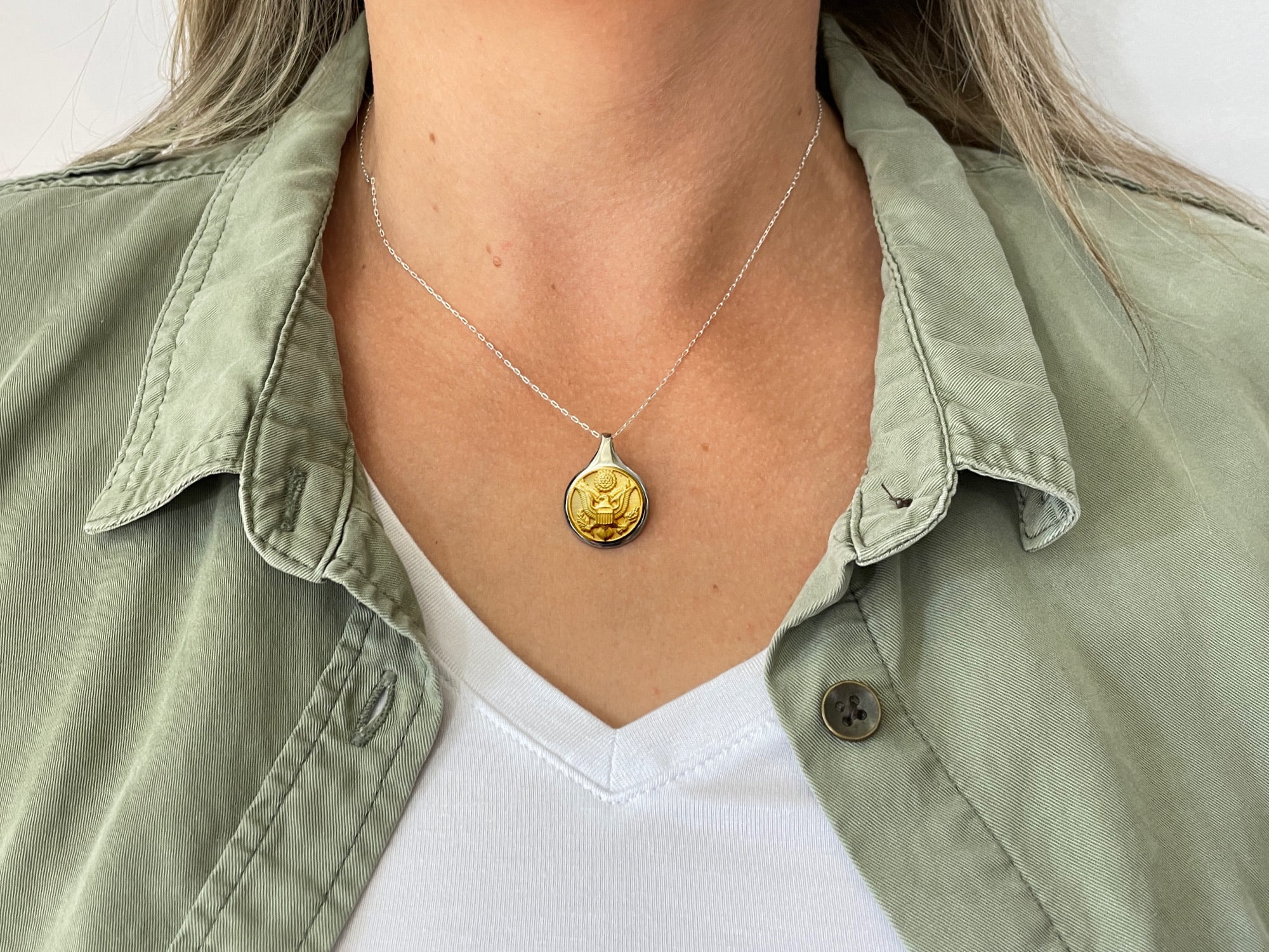 Army Button Sleek Silver Necklace