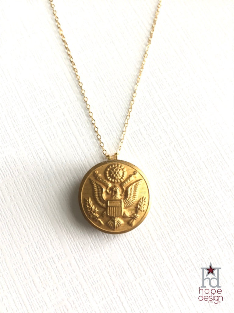 Vintage Army Button on Gold Necklace AG30