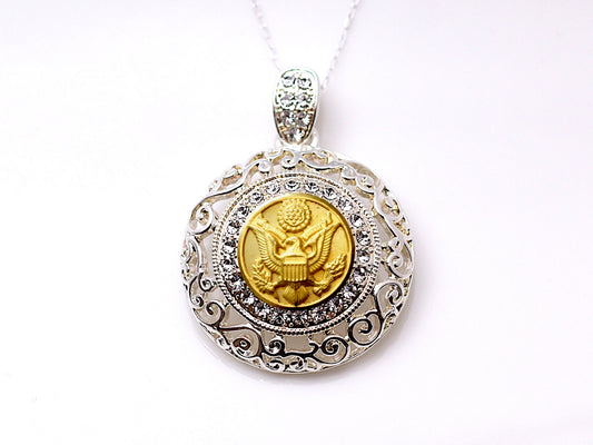 Army Button Necklace - Large Silver Rhinestone Pendant