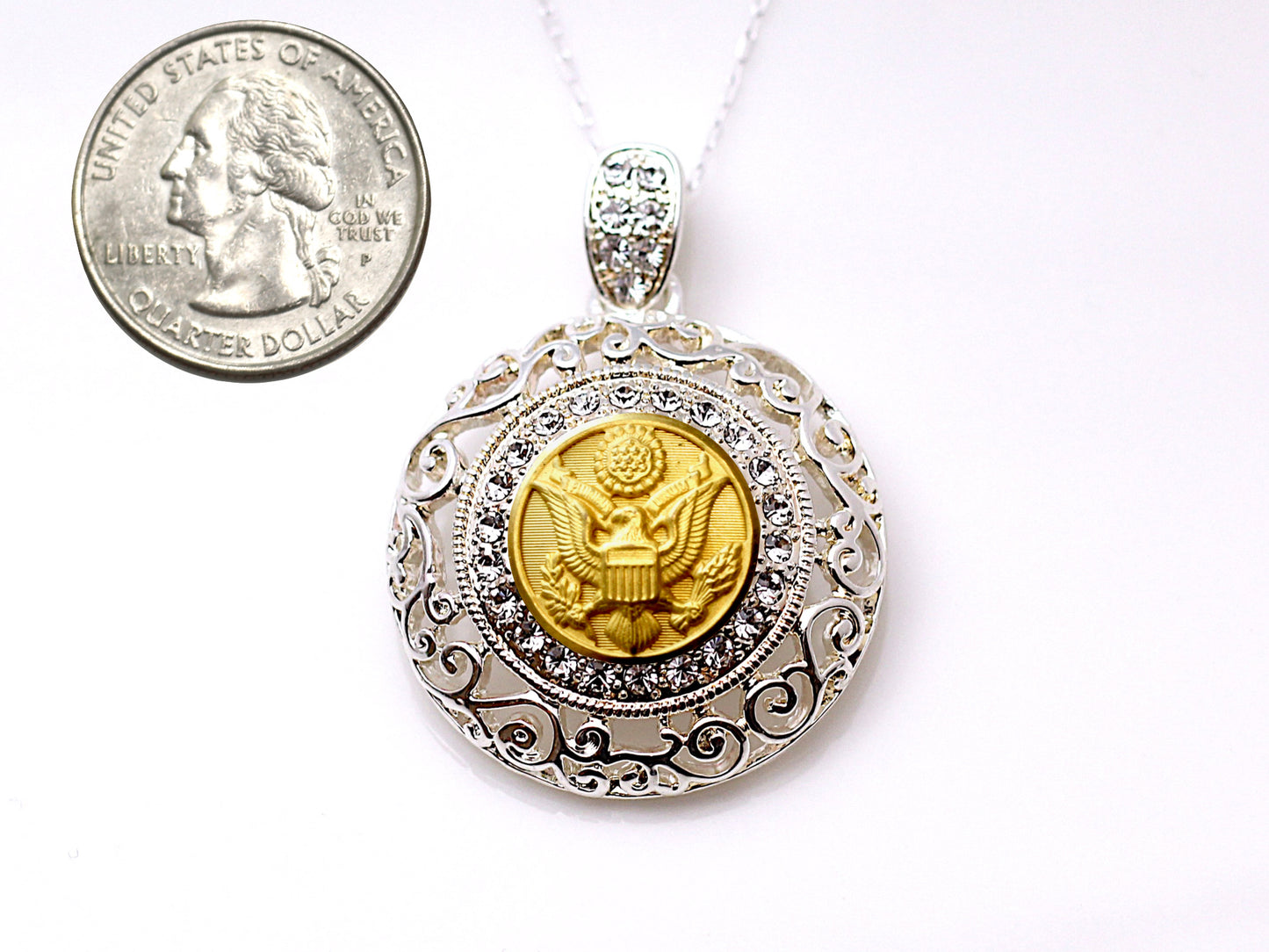 Army Button Necklace - Large Silver Rhinestone Pendant