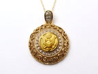 Army Button Necklace - Large Gold Rhinestone Pendant