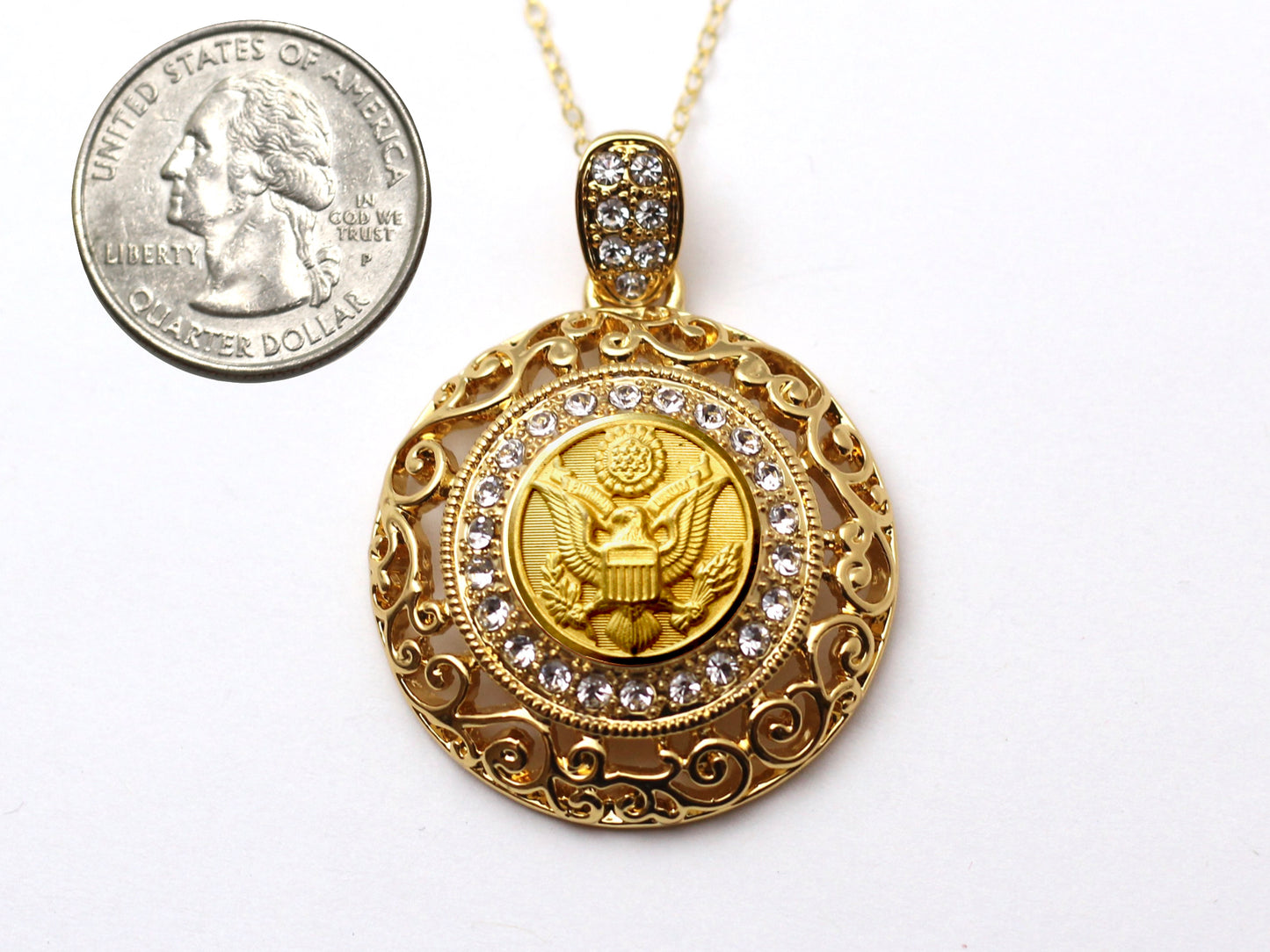 Army Button Necklace - Large Gold Rhinestone Pendant