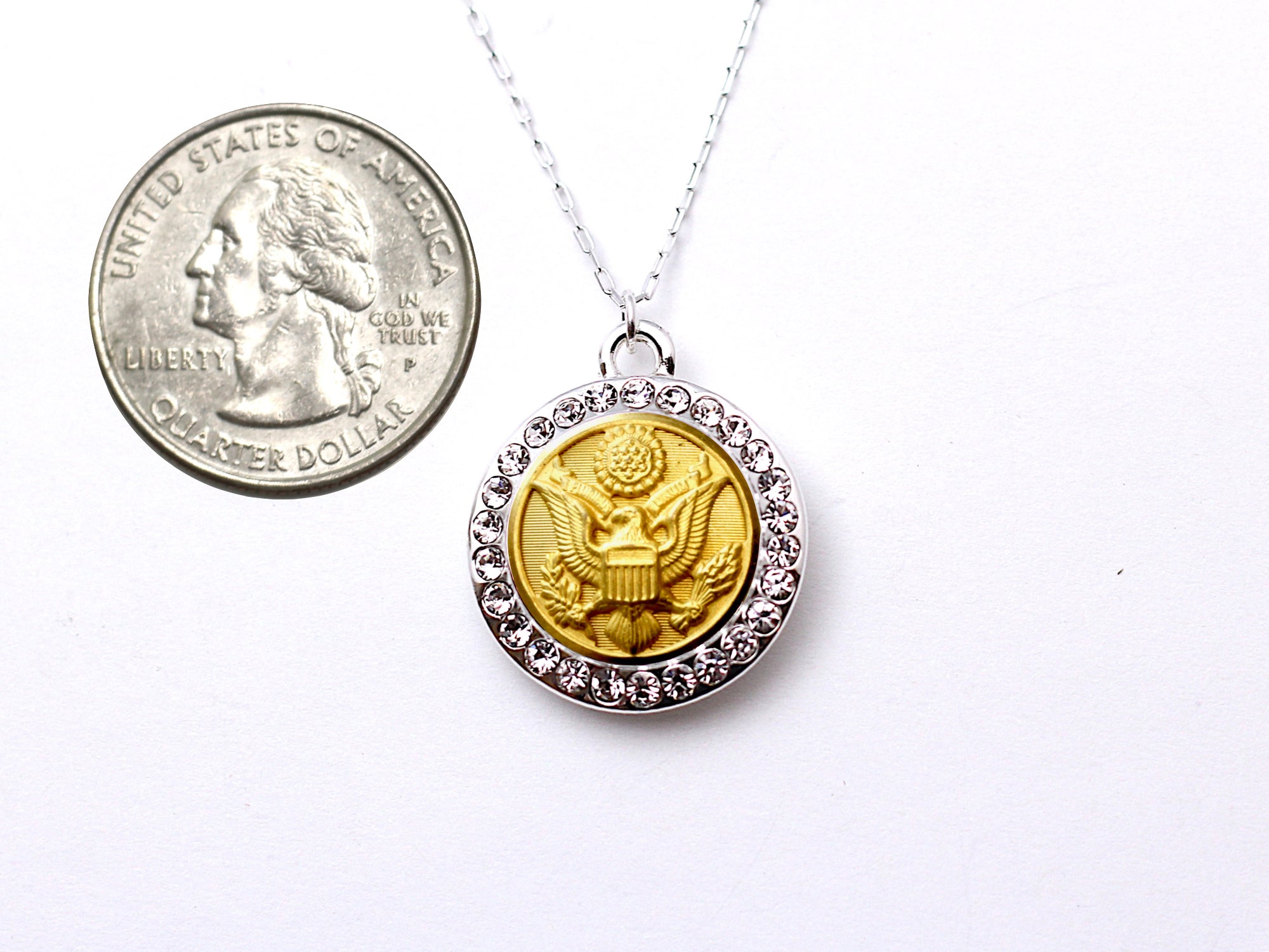 Army Button Necklace - Small Rhinestone Silver Pendant
