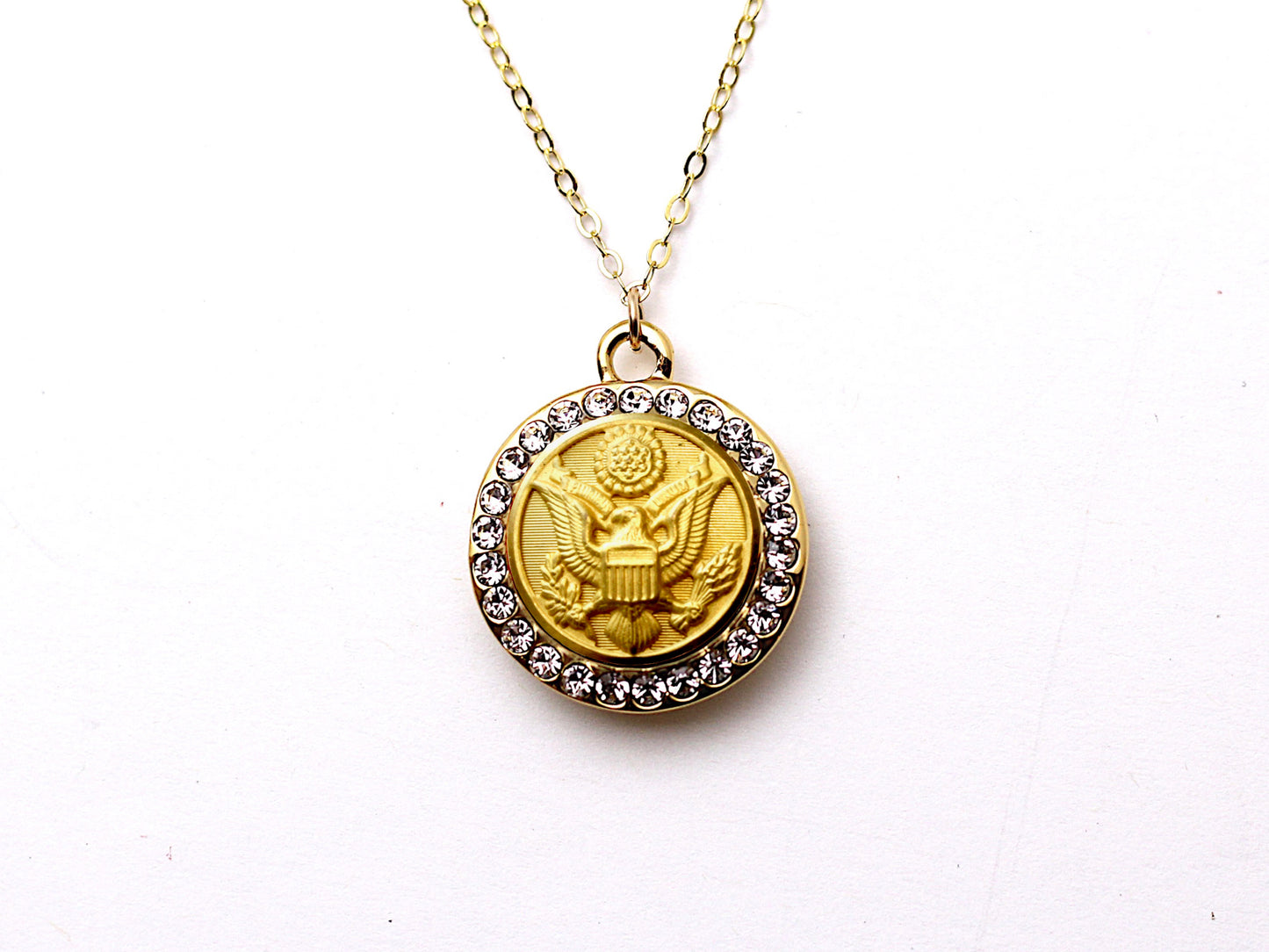 Army Button Necklace - Small Rhinestone Gold Pendant