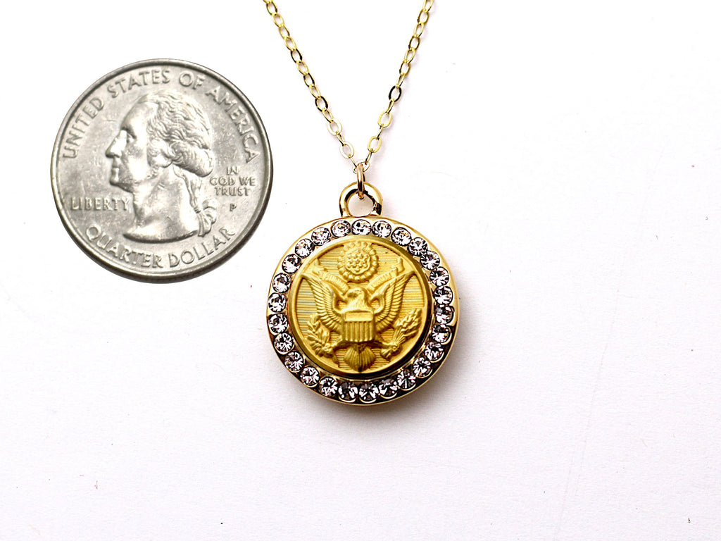 Army Button Necklace - Small Rhinestone Gold Pendant
