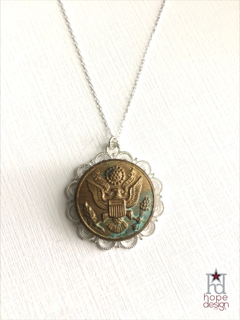 Vintage Army Button on Silver Necklace AS15