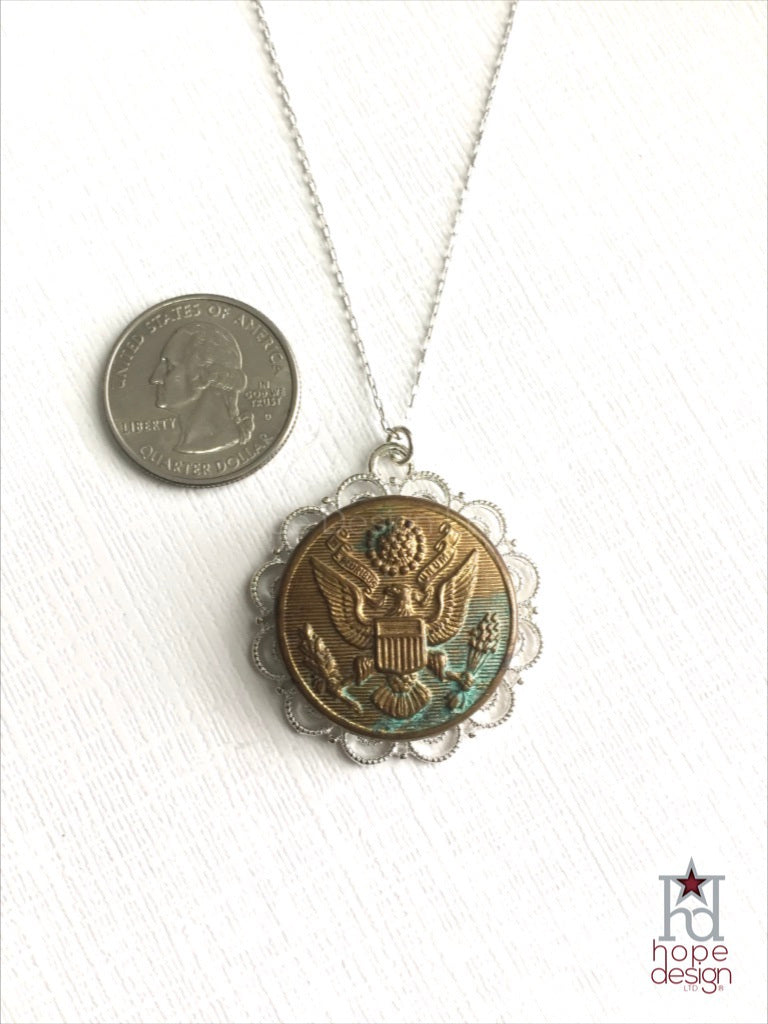 Vintage Army Button on Silver Necklace AS15