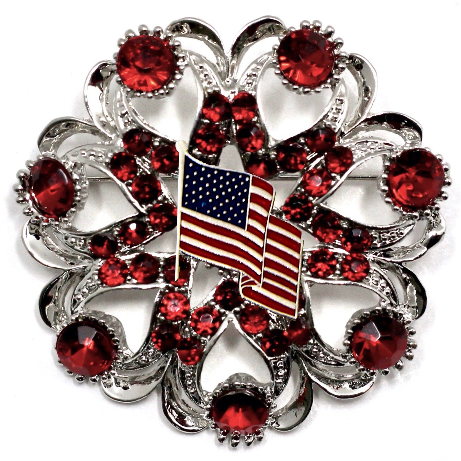 A round brooch featuring a American Flag centerpiece with red crystal rhinestones and silver accents.