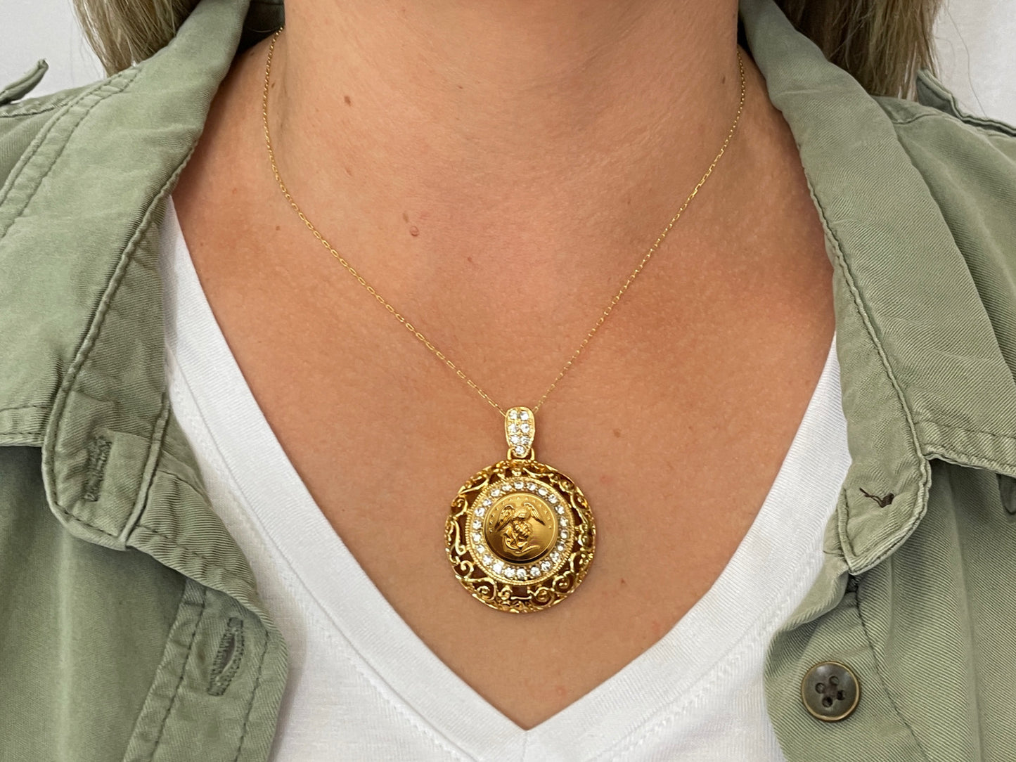 Marine Corps Button Necklace - Large Gold Rhinestone Pendant