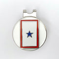 A golf hat clip featuring a blue star pattern, likely made of metal, with a round base designed to attach to a golf hat.