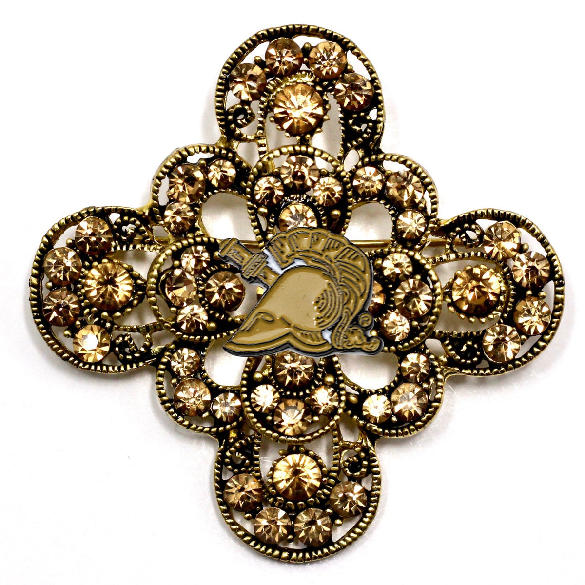 A brooch with a tan spartan helmet centerpiece and crystal rhinestones, featuring a cross shaped design.