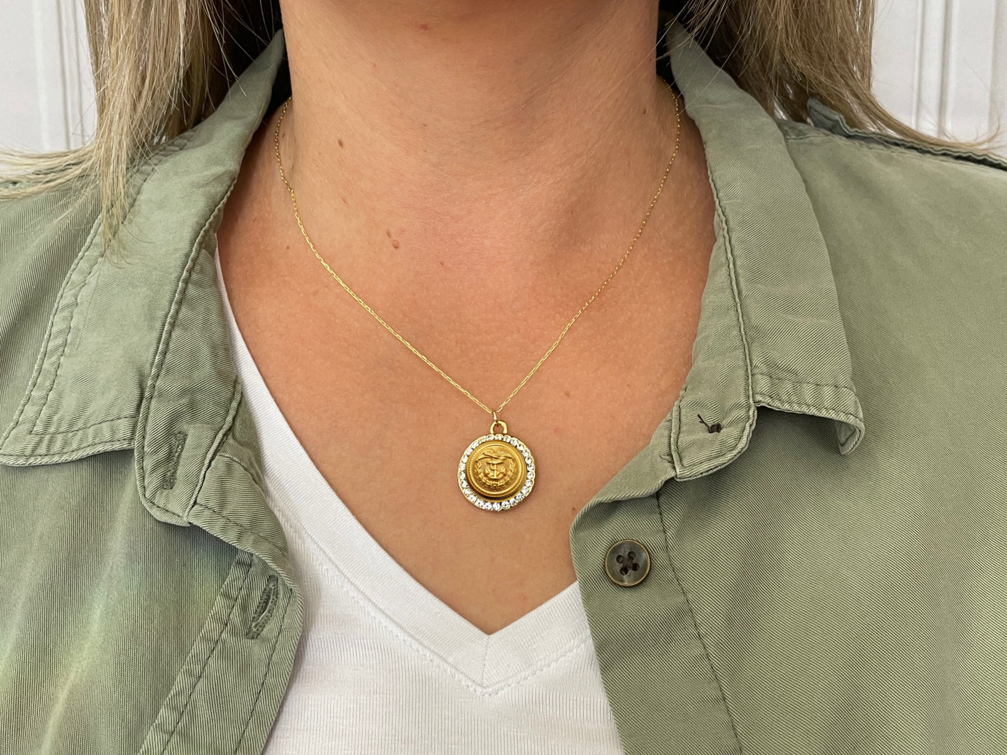 Coast Guard Button Necklace - Small Rhinestone Gold Pendant