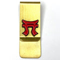 A gold-colored metal money clip with a red, black, and white '187th Airborne Infantry Regiment' insignia centerpiece.