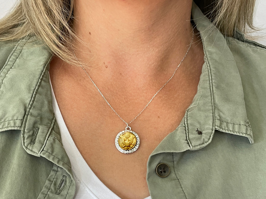Army Button Necklace - Small Rhinestone Silver Pendant