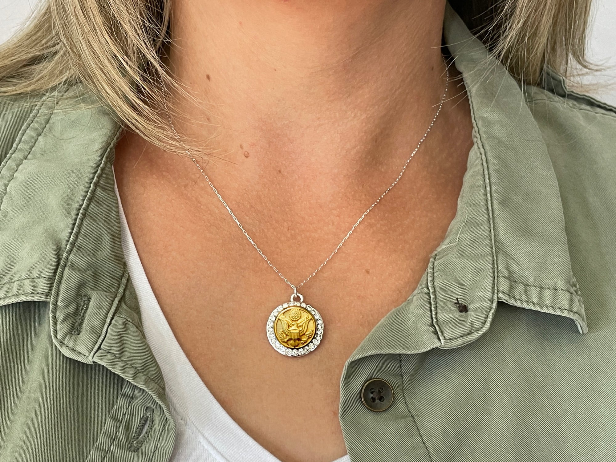 Army Button Necklace - Small Rhinestone Silver Pendant