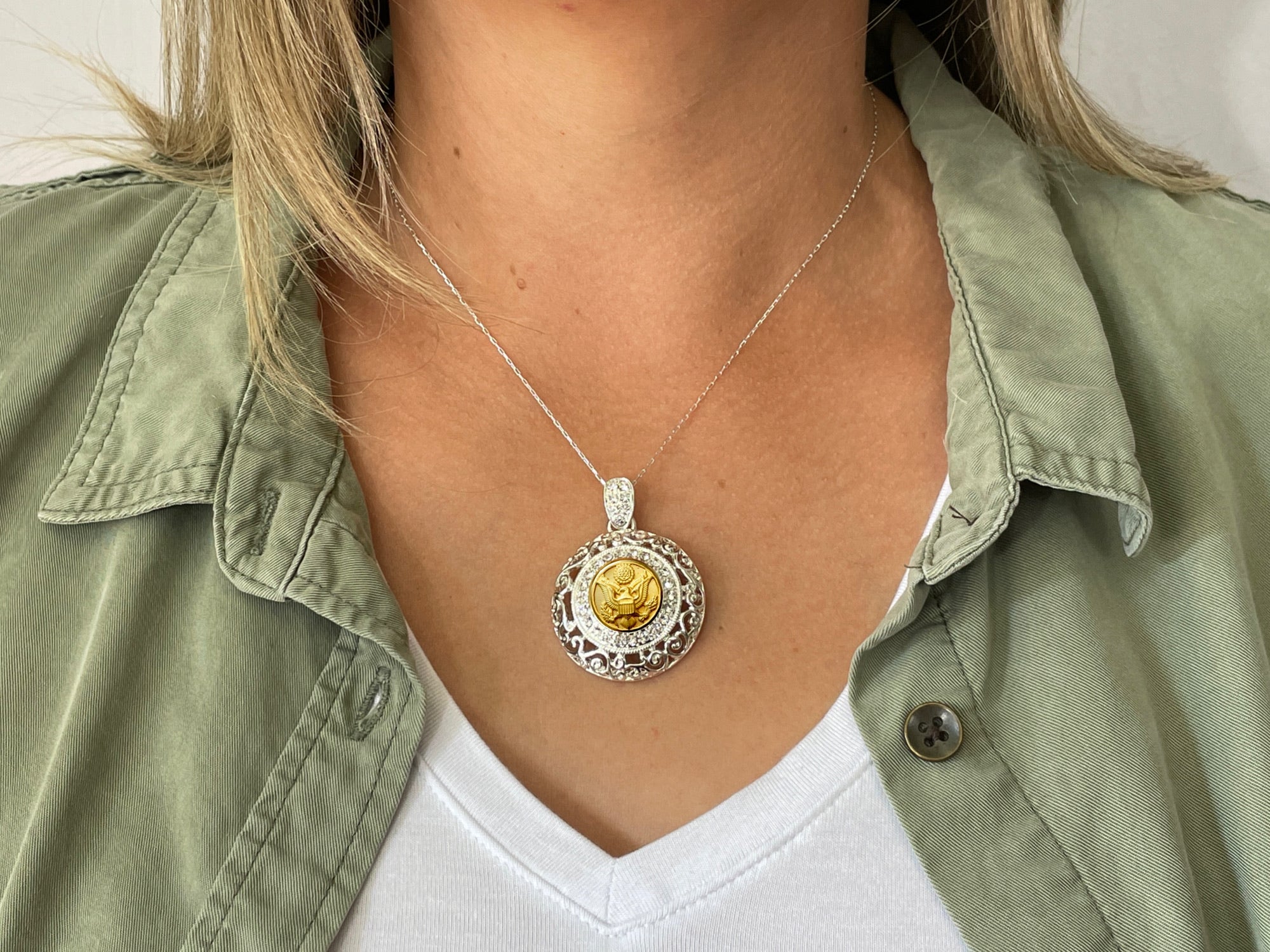 Army Button Necklace - Large Silver Rhinestone Pendant