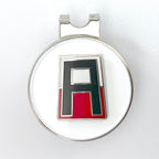 A round golf hat clip with a magnetic ball marker featuring the First Army insignia, consisting of a black letter 'A' on a red and white background.