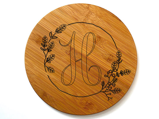 Initial with Leaf Frame Round Cutting Board