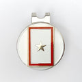 A golf hat clip with a gold star service flag centerpiece in red, white, and blue colors.