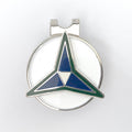 A silver golf hat clip with a blue and green III Corps centerpiece design.