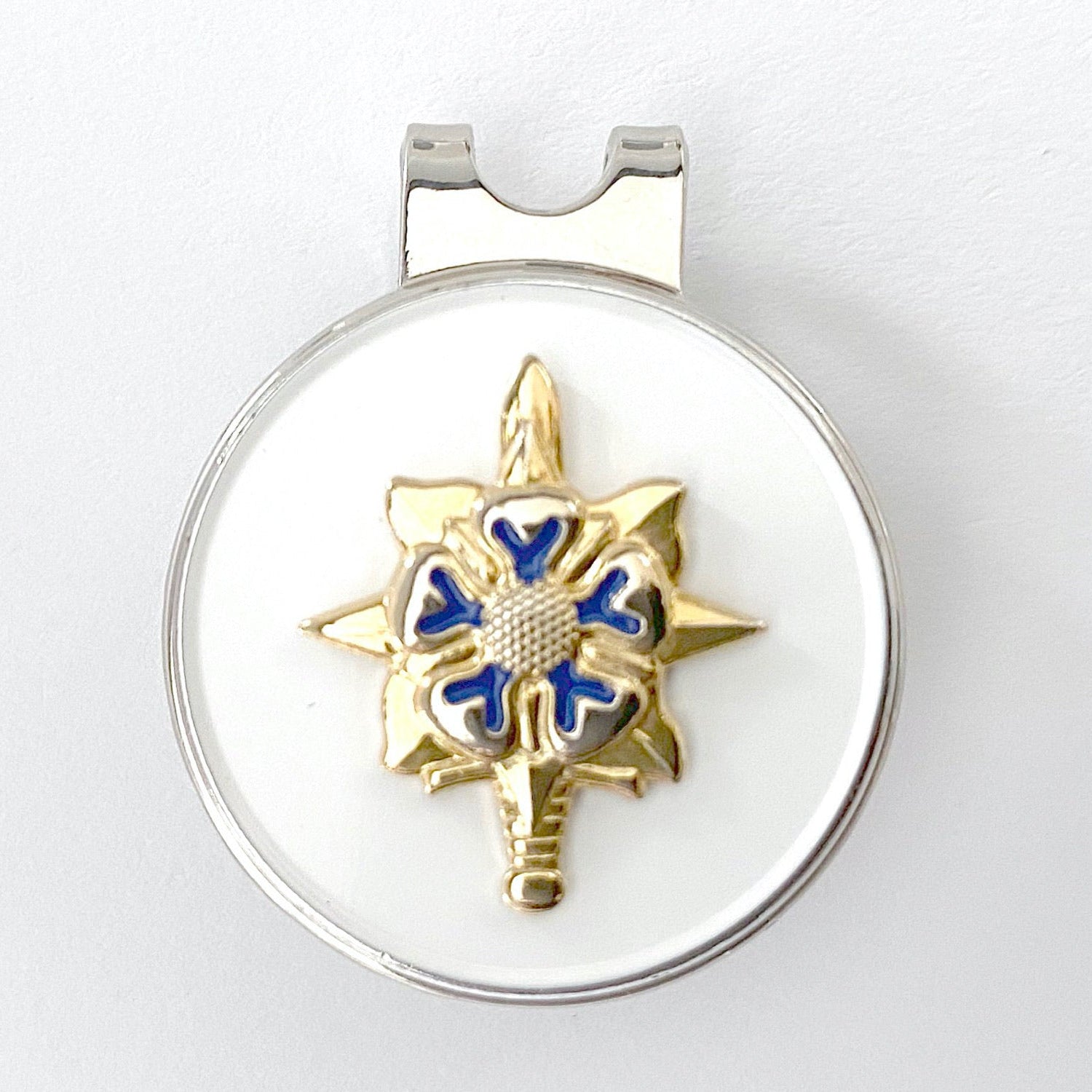 A gold-colored metal golf hat clip with a blue, yellow, and red enamel Military Intelligence (MI) branch insignia.