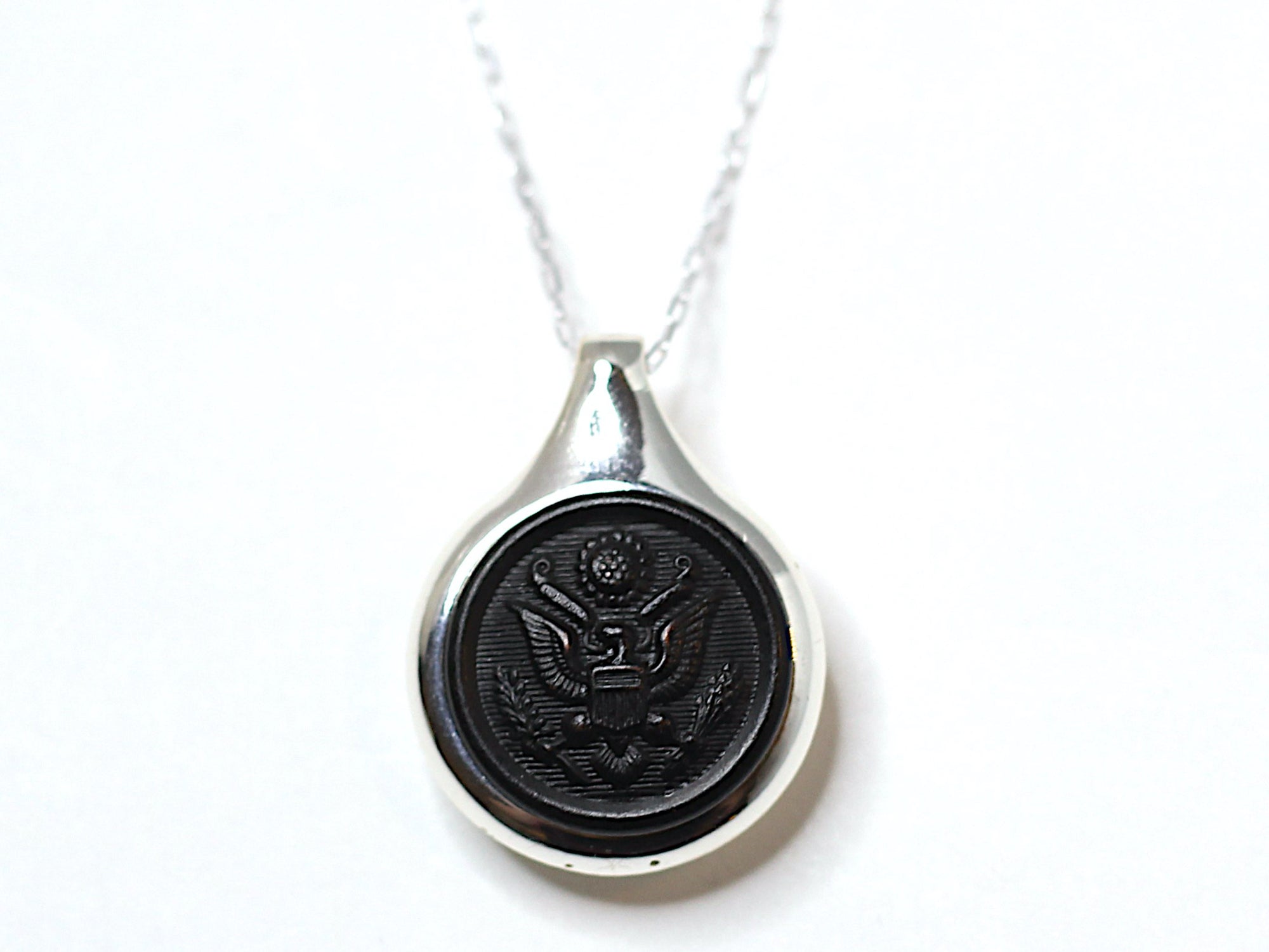 WWI US Army Button on Sleek Silver Setting Necklace