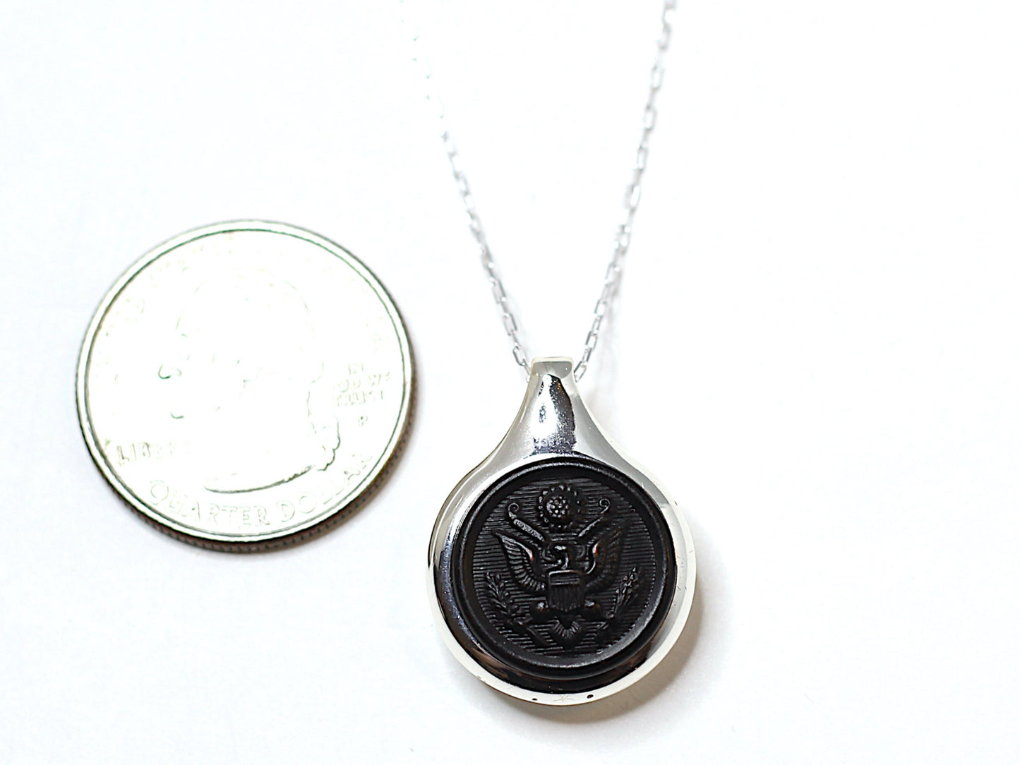 WWI US Army Button on Sleek Silver Setting Necklace