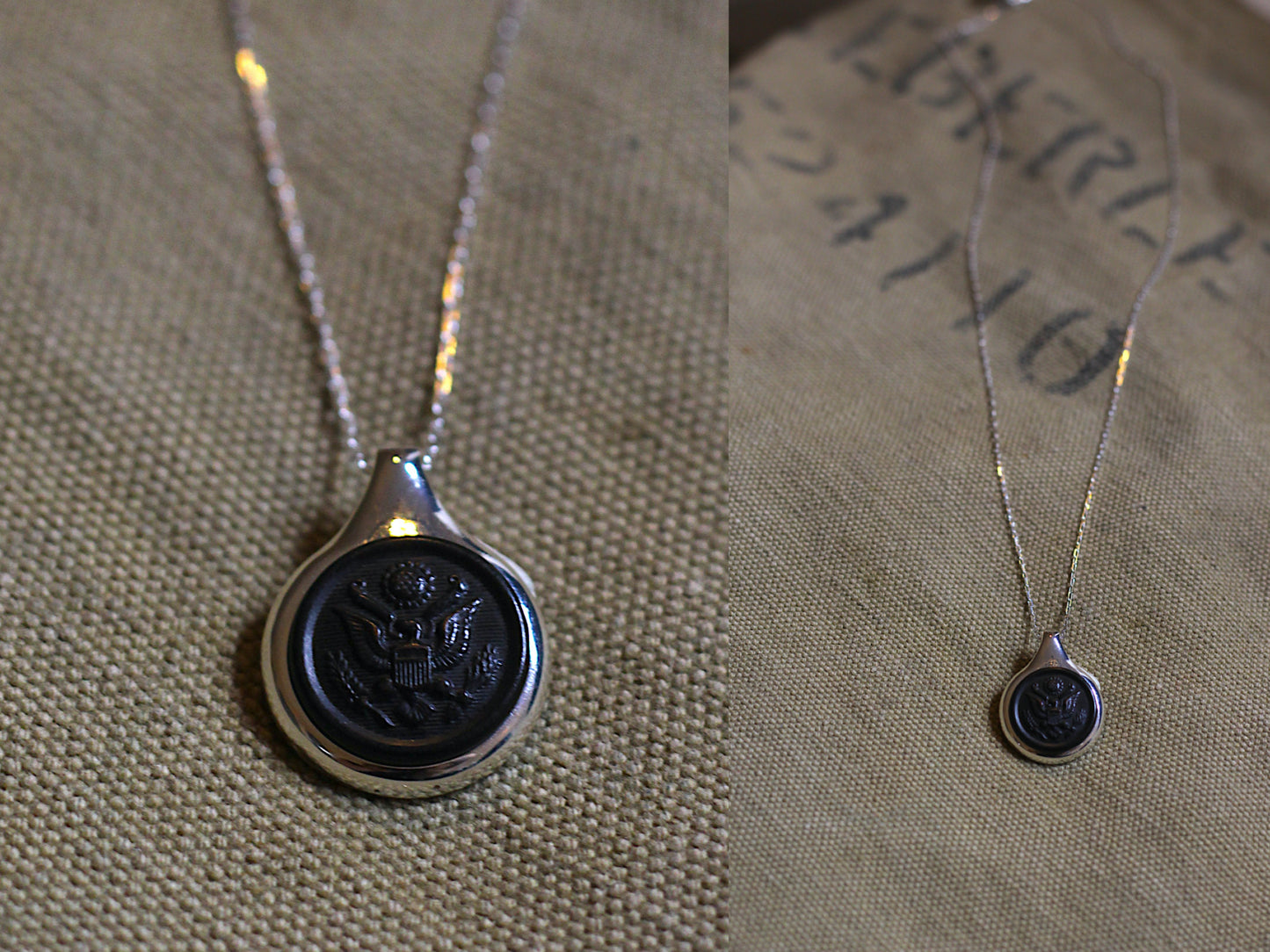 WWI US Army Button on Sleek Silver Setting Necklace