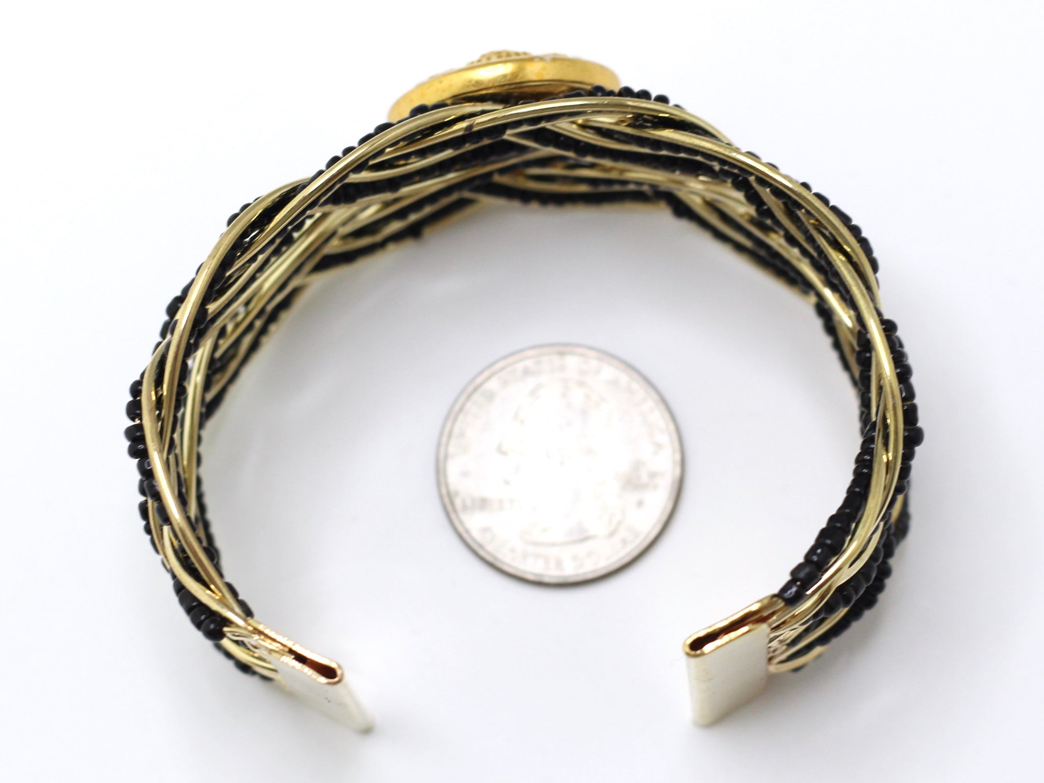 Military Button Black Seed Bead Cuff Bracelet