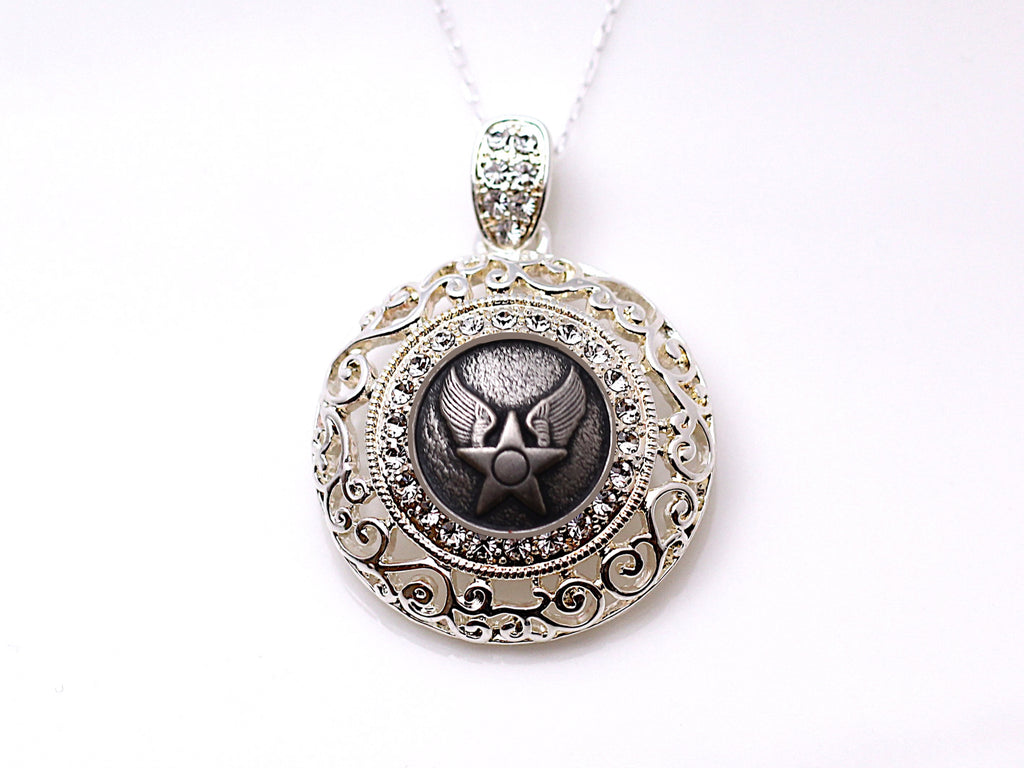 Air Force Button Necklace - Large Silver Rhinestone Pendant