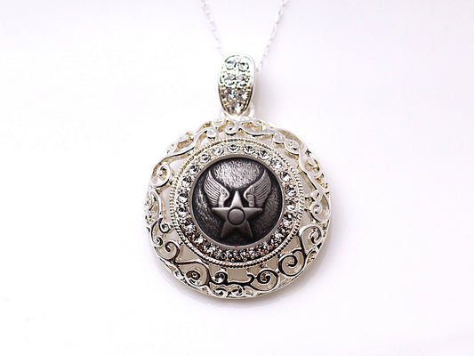 Air Force Button Necklace - Large Silver Rhinestone Pendant