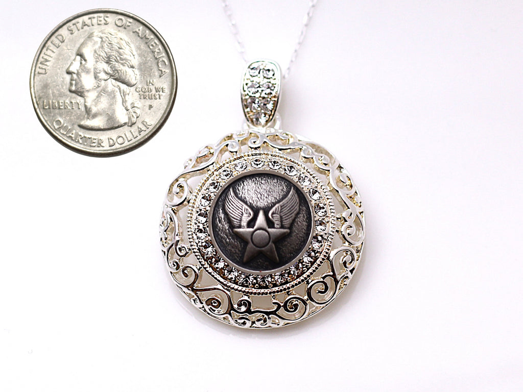Air Force Button Necklace - Large Silver Rhinestone Pendant