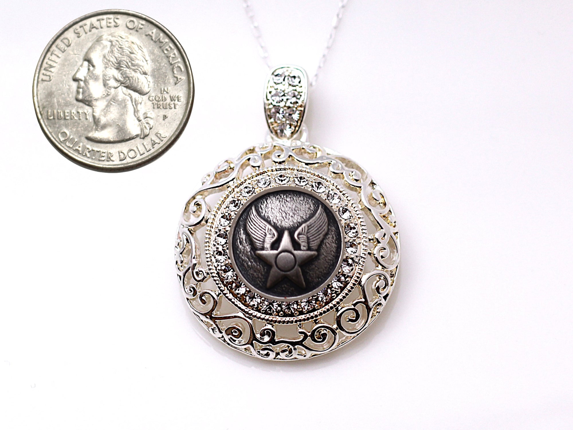 Air Force Button Necklace - Large Silver Rhinestone Pendant