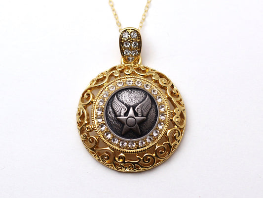 Air Force Button Necklace - Large Gold Rhinestone Pendant