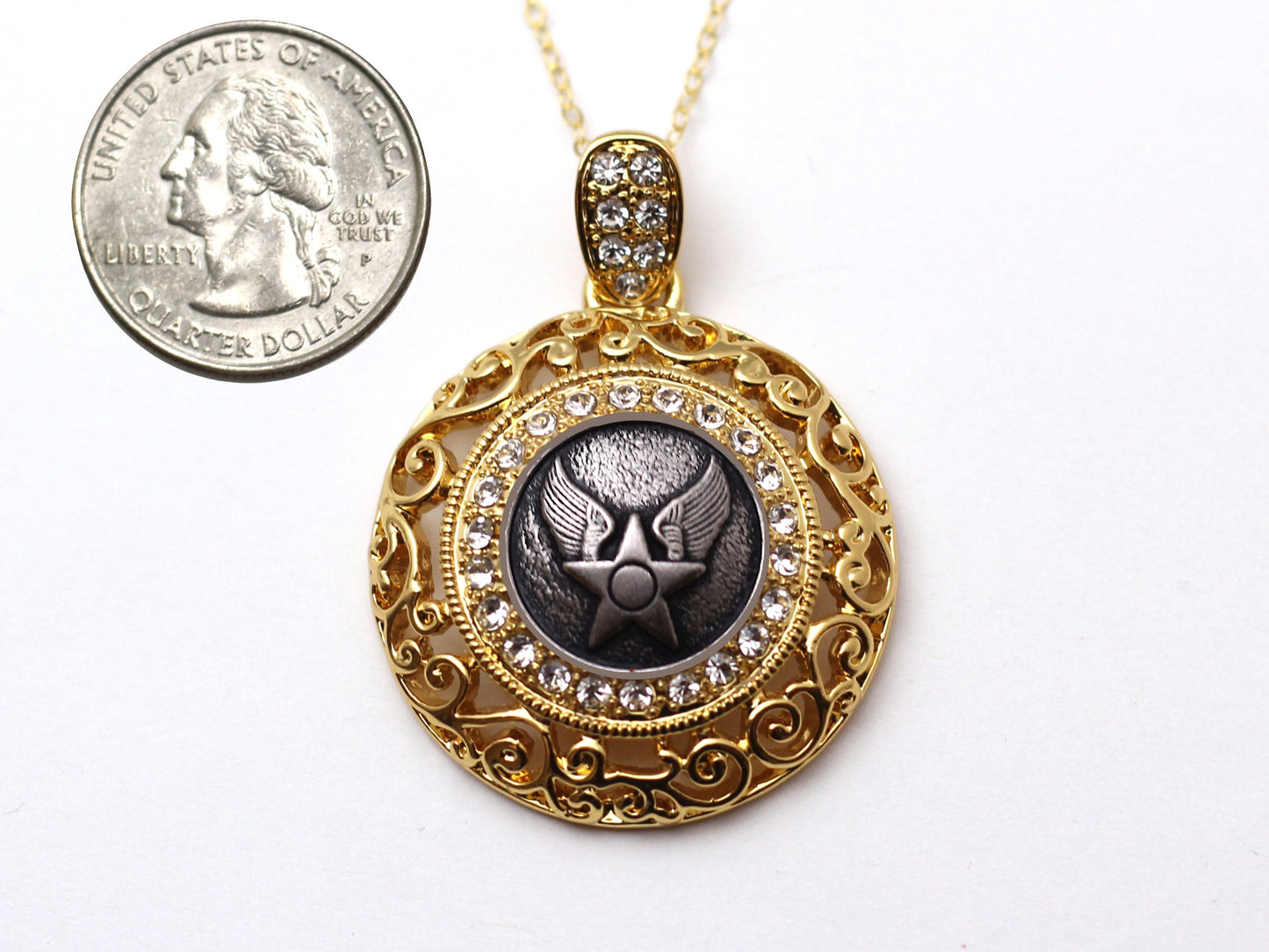Air Force Button Necklace - Large Gold Rhinestone Pendant